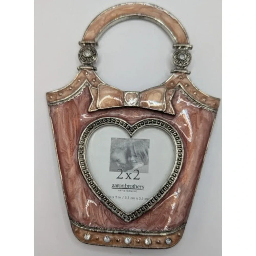 Aaron Brothers Mini Picture Frame Purse Handbag Heart Pink Pearly Enamel 2x2